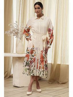 Biba - Women Beige Cotton Flared Printed Dress with Belt (Set of 2)