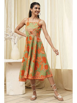 Biba - Women Green Cotton Blend Flared Printed Dress