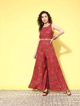 Libas - Red Printed Jumpsuit with Belt (Set of 2)
