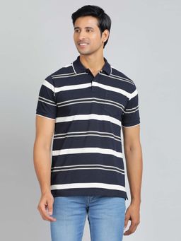 Greenfibre - Navy Blue Blended Striped Polo T-Shirt