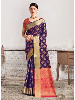 Sangam Prints - Navy Blue Silk Woven Work Traditional Saree with Unstitched Blouse