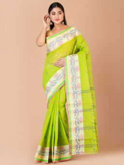 LAA CALCUTTA - Green And Multi Pure Cotton Tant Saree