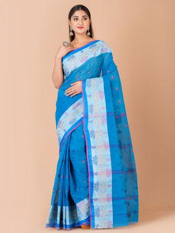 LAA CALCUTTA - Blue And Multi Pure Cotton Tant Saree
