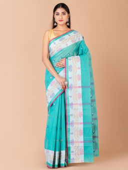 LAA CALCUTTA - Turquoise And Multi Pure Cotton Tant Saree