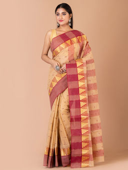LAA CALCUTTA - Beige And Maroon Cotton Tant Saree