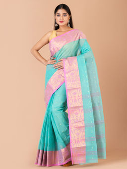 LAA CALCUTTA - Turquoise And Pink Pure Cotton Tant Saree