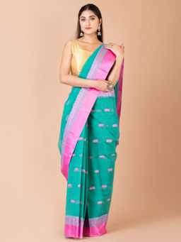 LAA CALCUTTA - Green And Pink Pure Cotton Tant Saree