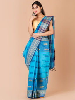 LAA CALCUTTA - Turquoise Blue And Navy Blue Pure Cotton Tant Saree