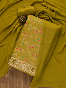 Koskii - Mehendi Green Embellished Brocade Unstitched Salwar Suit (Set of 3) (Set of Three)