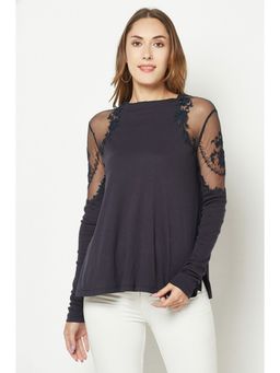 HOUSE OF S - Power Mesh Navy Blue Embroidered Top