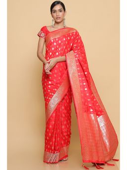Soch - Women Red Woven Saree with Unstitched Blouse
