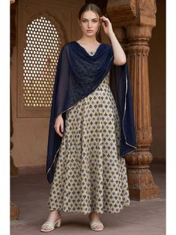 Aurelia - Beige Printed Flared Dress with Attached Dupatta