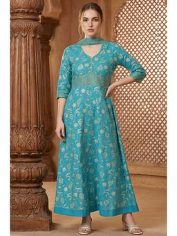 Aurelia - Blue Floral Midi Dress and Dupatta (Set of 2)