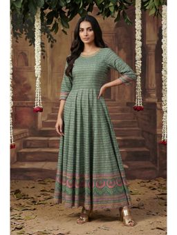 W - Leaf Green Glitter Printed Kalidar Dress