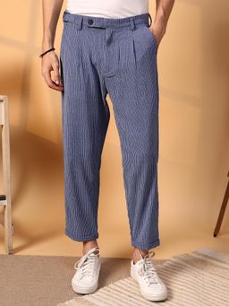 Campus Sutra - Mens Steel Blue Striped Tailored Trousers