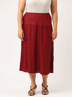 theRebelinme - Plus Size Women Red Color Embroidered A-Line Skirt
