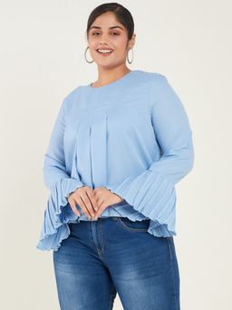 KASSUALLY - CURVE BY KASSUALLY Women Blue Pleated Flounce Sleeves Blue Top