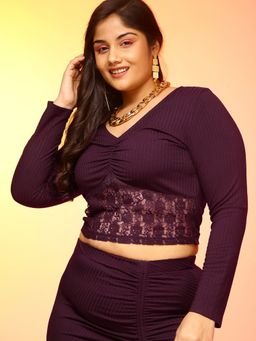 KASSUALLY - CURVE BY KASSUALLY Women Purple V-Neck Front Rushed Top With Lace Detailing