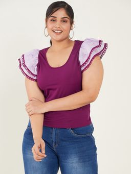 KASSUALLY - CURVE BY KASSUALLY Women Wine Round Neck Fitted Top With Ruffled Sleeves