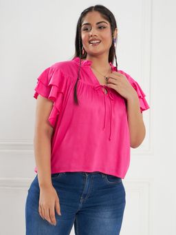 KASSUALLY - CURVE BY KASSUALLY Women Pink Ruffled Sleeve Neck Tie-Up Top