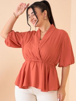 KASSUALLY - CURVE BY KASSUALLY Women Rust Shawl Collar Front Wrap Peplum Top