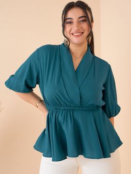 KASSUALLY - CURVE BY KASSUALLY Women Teal Shawl Collar Front Wrap Peplum Top