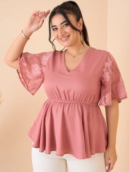 KASSUALLY - CURVE BY KASSUALLY Women Pink Flared Sleeve Peplum Top