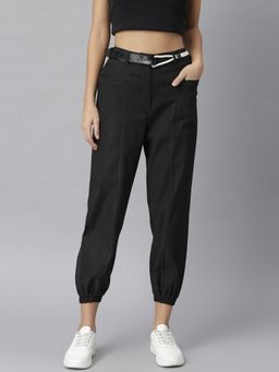 KASSUALLY - Women Cotton Solid Black Joggers