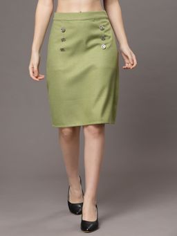 KASSUALLY - Women Polyester Solid Green Knee Length Skirt