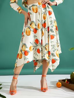 KASSUALLY - Women Polyester Printed White Midi Skirt