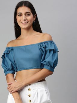 KASSUALLY - Women Blue Off Shoulder Smocked Crop Top