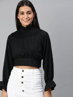 KASSUALLY - Women Black Back Knotted Smocked Crop Top