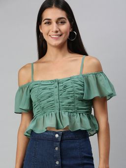 KASSUALLY - Women Green Ruched Strappy Crop Top