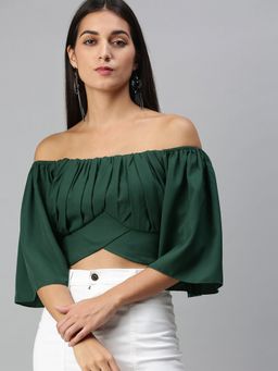 KASSUALLY - Women Olive Ruched Bell Sleeve Crop Top