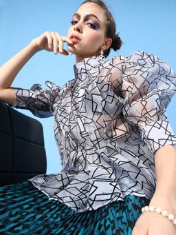 KASSUALLY - Women Grey Black Grey Front Pleated Puff Sleeve Top