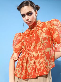 KASSUALLY - Women Orange Mustard Orange Front Pleated Puff Sleeve Top