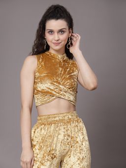 KASSUALLY - Women Gold High Neck With Sleeves Less Crop Top