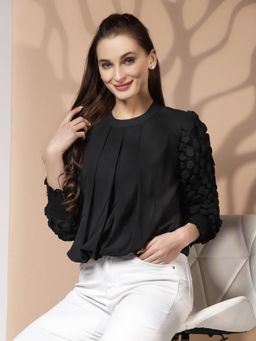 KASSUALLY - Women Black Round Neck Asymmetry Top