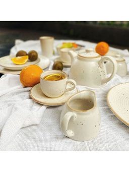 Amalfiee Ceramics - Shwet Tea Kettle, Sugar Can, Milk Can And Cup Saucer Breakfast Tea Set Of 5