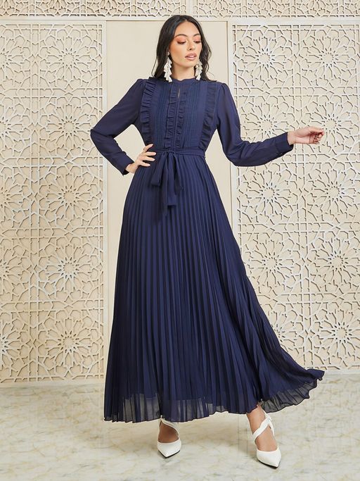 Buy Styli Elevate Womens Navy Blue Pleated A-Line Maxi Dress with Self Tie  Up (Set of 2) Online