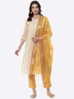 Biba - Beige Cotton Silkchanderi Unstitched Suit Set (Set of 3)