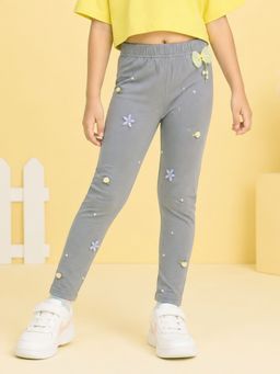 KiddoPanti - Girls Grey Embellished/Sequined Cotton Leggings