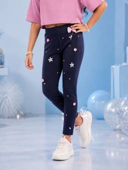 KiddoPanti - Girls Navy Blue Embellished/Sequined Cotton Leggings