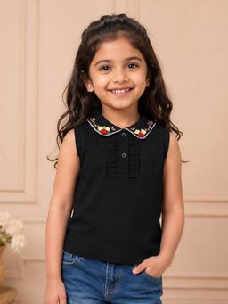 KiddoPanti - Girls Black Self Design Cotton Polo T-Shirt