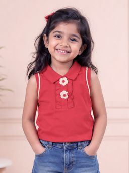 KiddoPanti - Girls Coral Self Design Cotton Polo T-Shirt