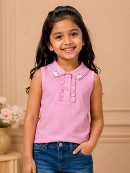 KiddoPanti - Girls Pink Self Design Cotton Polo T-Shirt