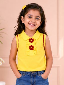 KiddoPanti - Girls Yellow Self Design Cotton Polo T-Shirt