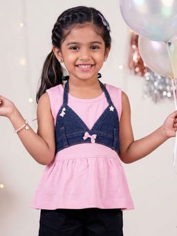 KiddoPanti - Girls Pink Solid/Plain Cotton Top with Crop Top
