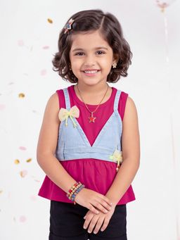 KiddoPanti - Girls Pink Solid/Plain Cotton Top with Crop Top