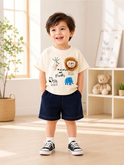 Googo Gaaga - Boys Beige Printed Cotton T-Shirt with Short